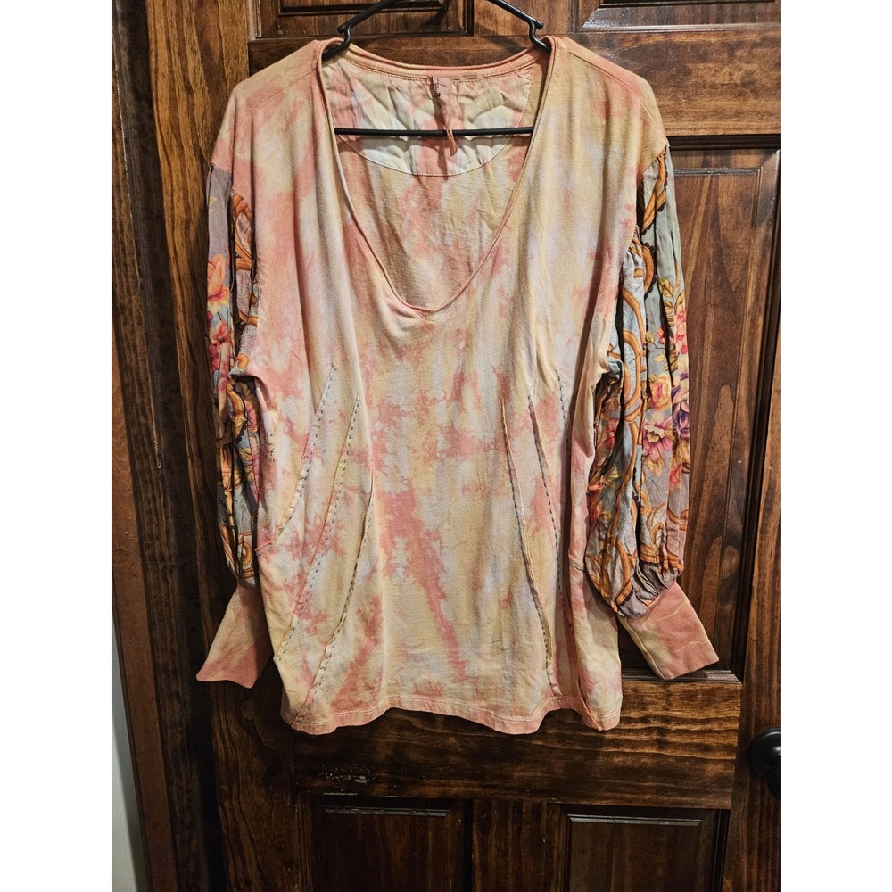 Aratta Silent Journey Boho Bishop Sleeve Blouse Tie Dye Floral Mixed Media M